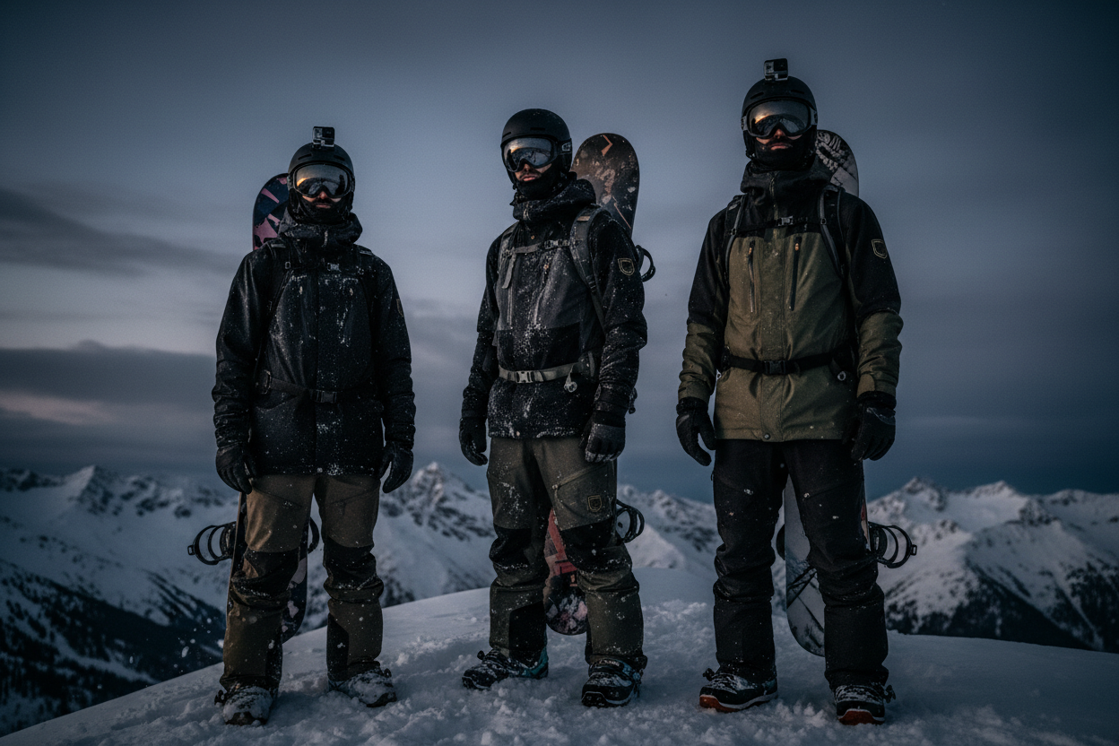 dark aesthetic realistic men wearing snowboard gear as real as possible